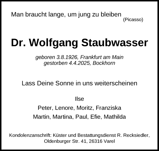 Anzeige von Wolfgang Staubwasser von Kölner Stadt-Anzeiger / Kölnische Rundschau / Express