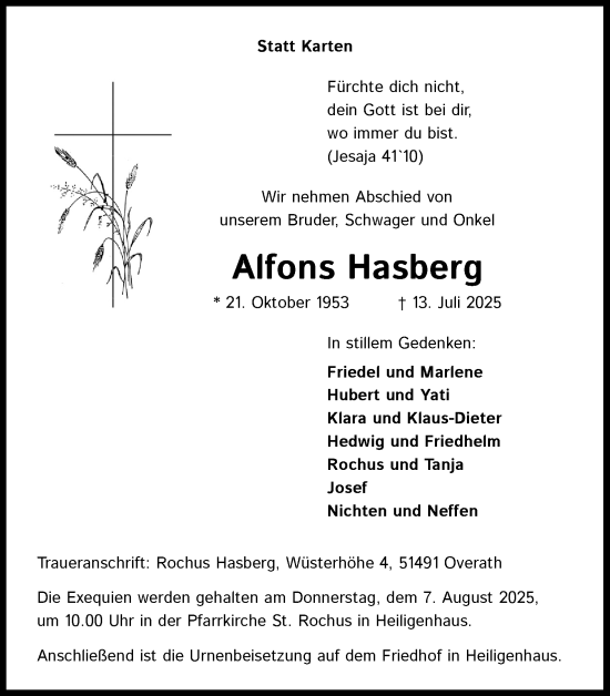 Anzeige von Alfons Hasberg von Kölner Stadt-Anzeiger / Kölnische Rundschau / Express