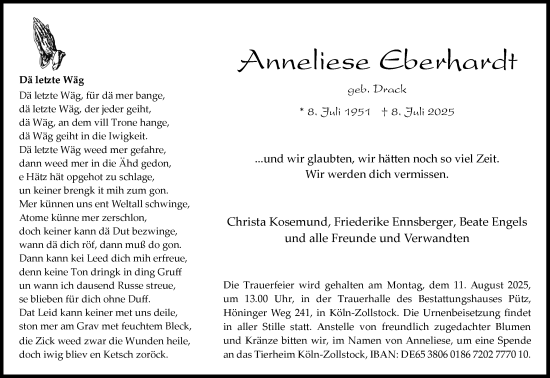 Anzeige von Anneliese Eberhardt von Kölner Stadt-Anzeiger / Kölnische Rundschau / Express