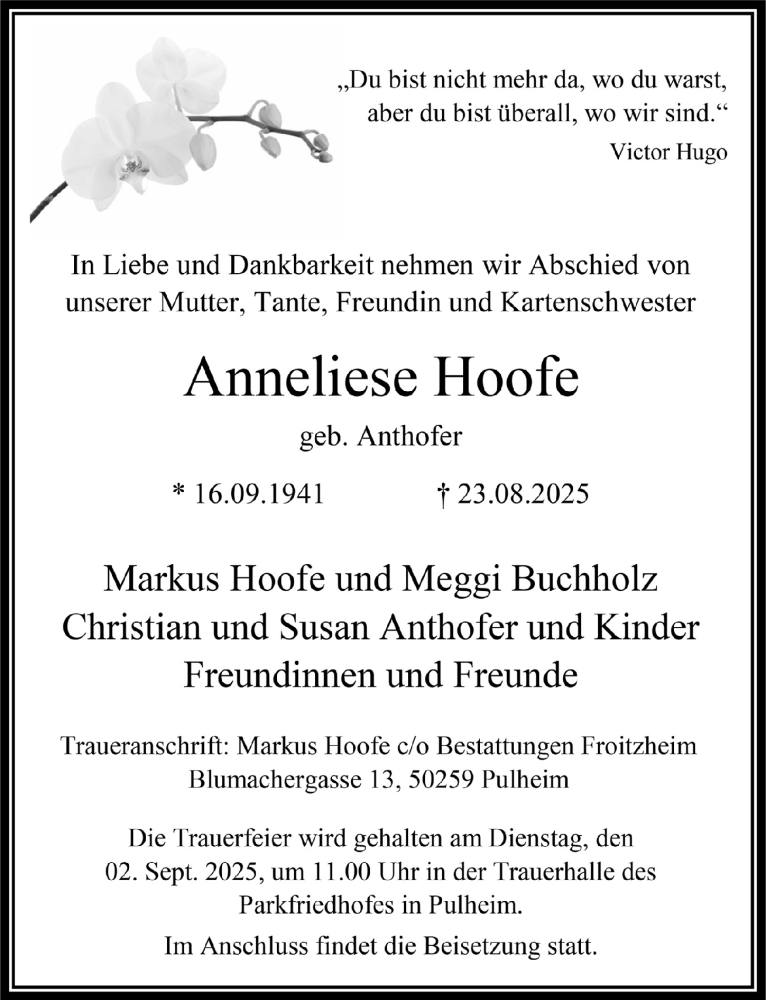 Traueranzeige für Anneliese Hoofe vom 29.08.2025 aus  Wochenende 