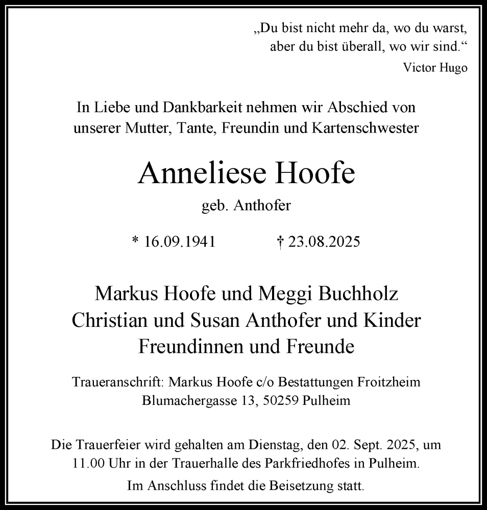  Traueranzeige für Anneliese Hoofe vom 30.08.2025 aus Kölner Stadt-Anzeiger / Kölnische Rundschau / Express