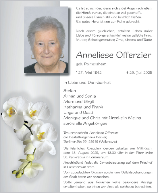 Anzeige von Anneliese Offerzier von  Blickpunkt Euskirchen 
