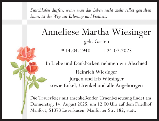 Anzeige von Anneliese Martha Wiesinger von Kölner Stadt-Anzeiger / Kölnische Rundschau / Express