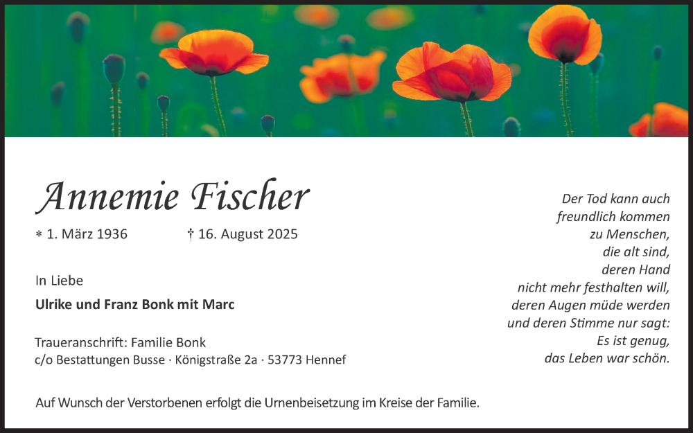  Traueranzeige für Annemie Fischer vom 30.08.2025 aus Kölner Stadt-Anzeiger / Kölnische Rundschau / Express