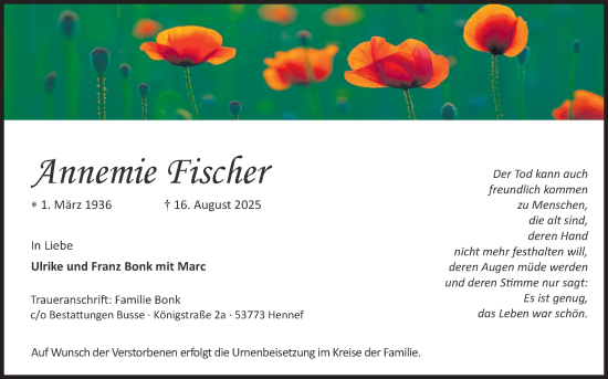 Anzeige von Annemie Fischer von Kölner Stadt-Anzeiger / Kölnische Rundschau / Express