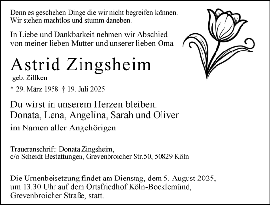 Anzeige von Astrid Zingsheim von Kölner Stadt-Anzeiger / Kölnische Rundschau / Express