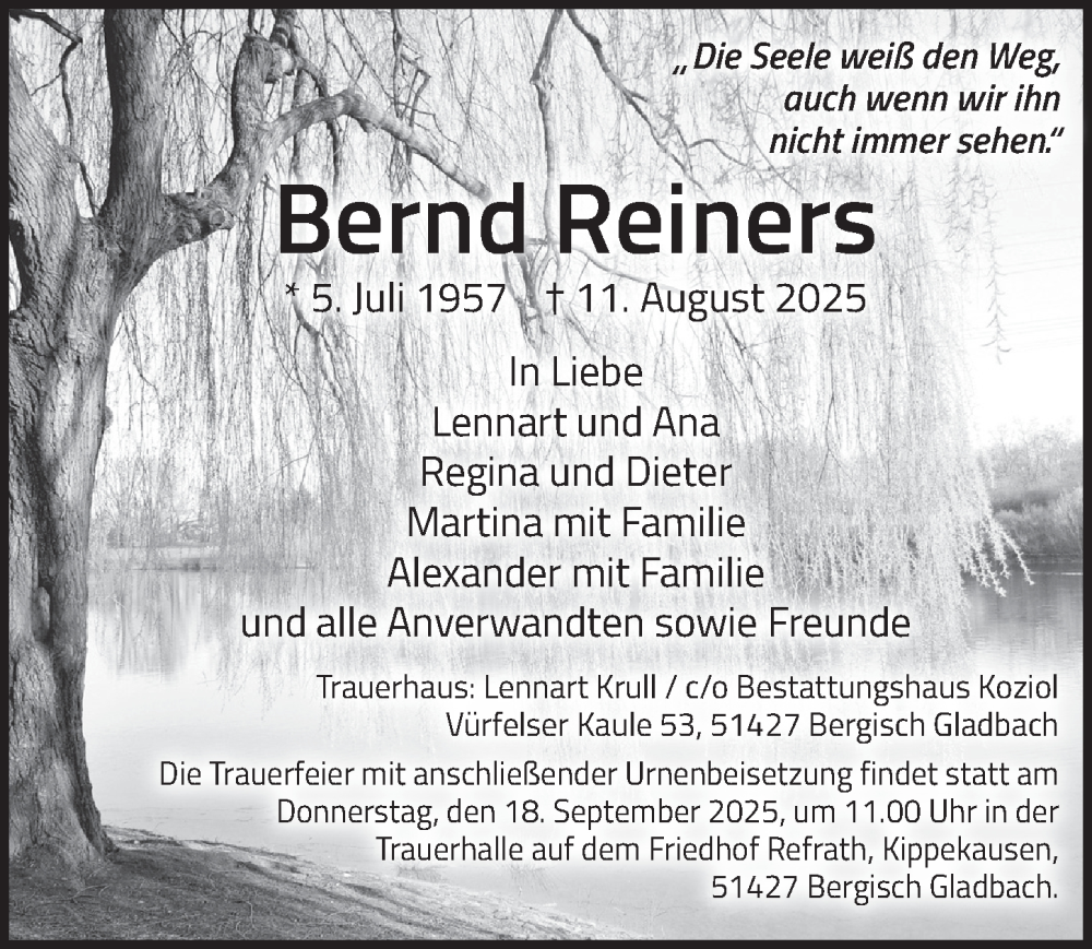 Traueranzeige für Bernd Reiners vom 29.08.2025 aus  Bergisches Handelsblatt 