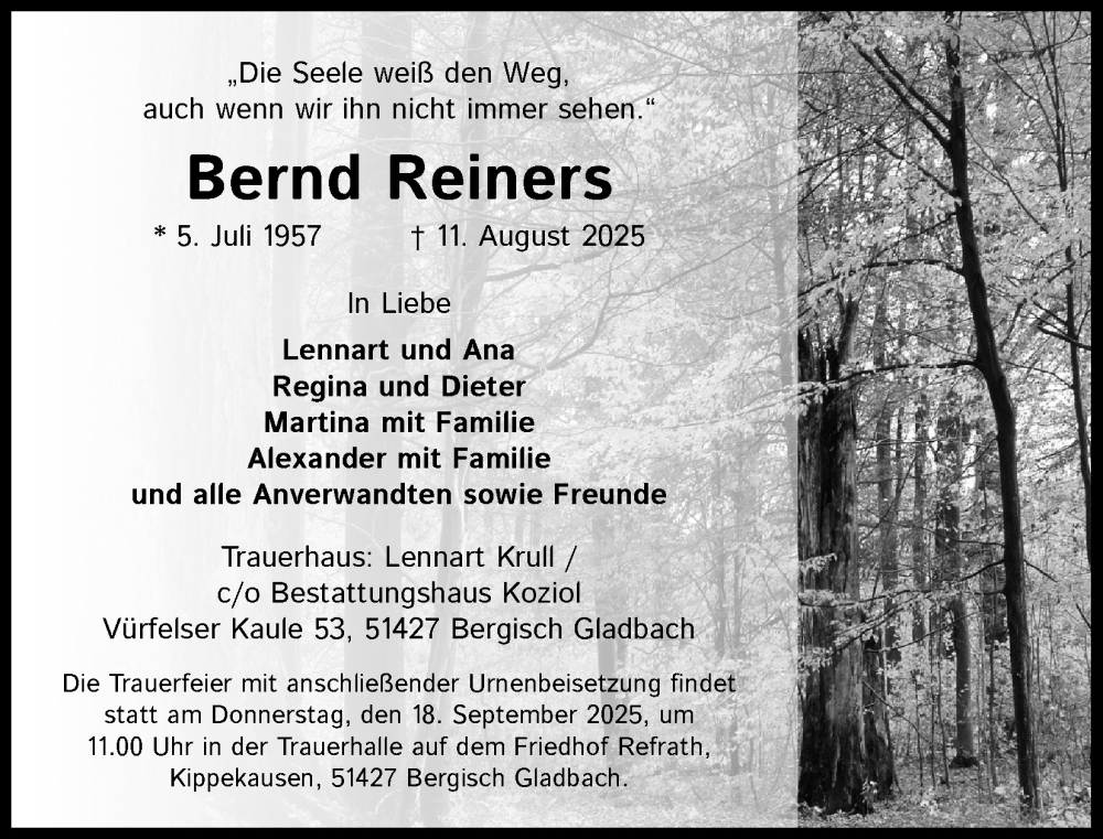  Traueranzeige für Bernd Reiners vom 30.08.2025 aus Kölner Stadt-Anzeiger / Kölnische Rundschau / Express