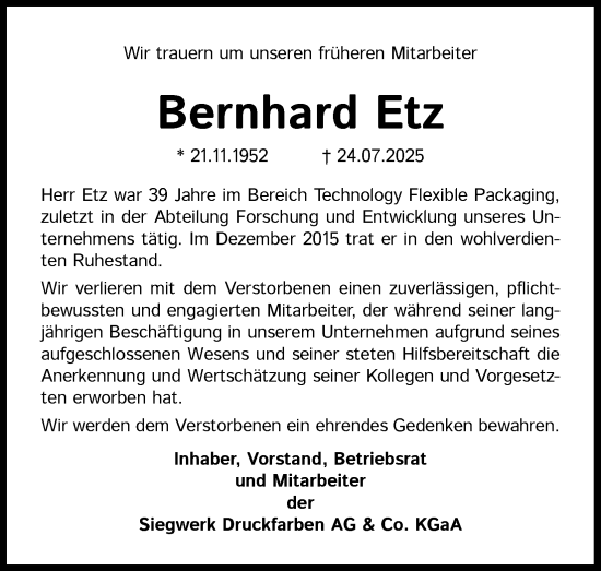 Anzeige von Bernhard Etz von Kölner Stadt-Anzeiger / Kölnische Rundschau / Express