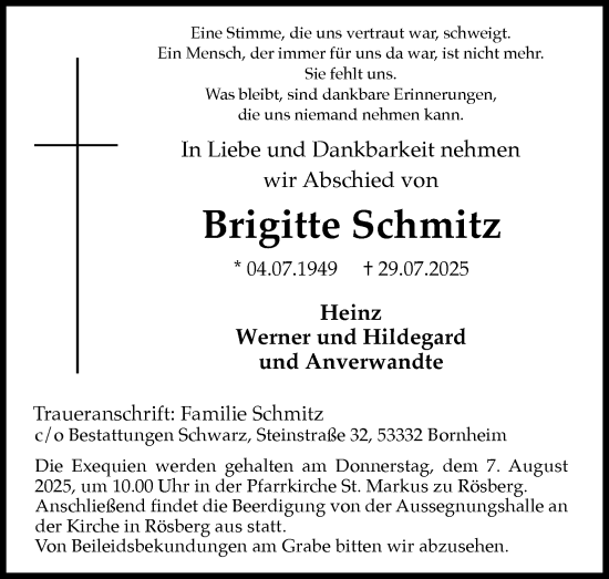 Anzeige von Brigitte Schmitz von Kölner Stadt-Anzeiger / Kölnische Rundschau / Express