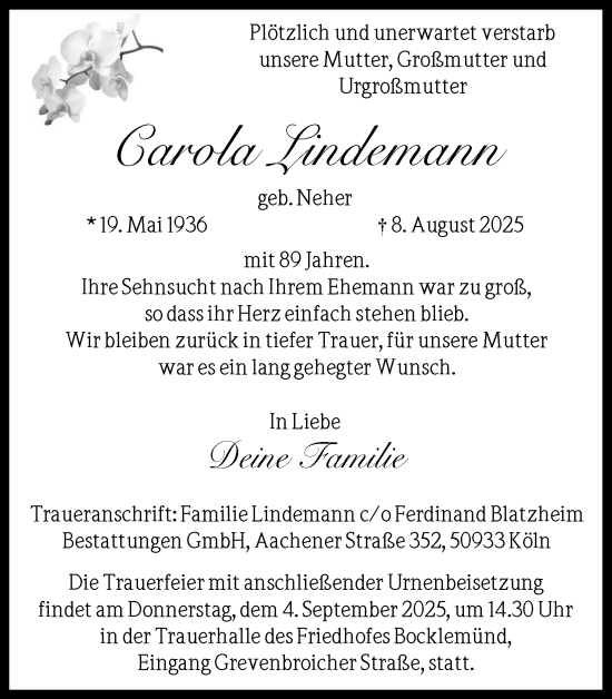 Anzeige von Carola Lindemann von Kölner Stadt-Anzeiger / Kölnische Rundschau / Express