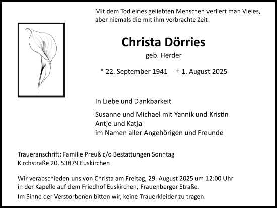 Anzeige von Christa Dörries von Kölner Stadt-Anzeiger / Kölnische Rundschau / Express