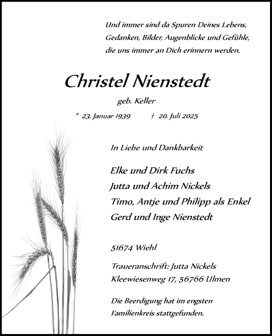 Anzeige von Christel Nienstedt von Kölner Stadt-Anzeiger / Kölnische Rundschau / Express