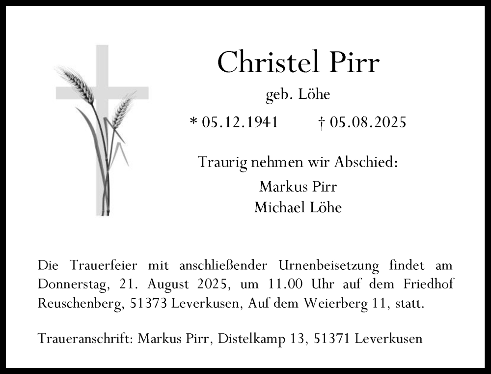  Traueranzeige für Christel Pirr vom 09.08.2025 aus Kölner Stadt-Anzeiger / Kölnische Rundschau / Express