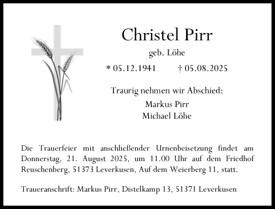 Anzeige von Christel Pirr von Kölner Stadt-Anzeiger / Kölnische Rundschau / Express