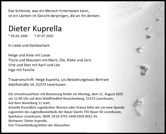 Anzeige von Dieter Kuprella von Kölner Stadt-Anzeiger / Kölnische Rundschau / Express