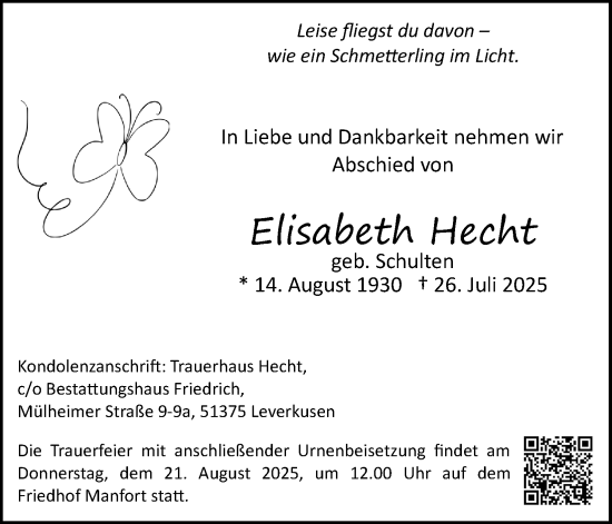 Anzeige von Elisabeth Hecht von Kölner Stadt-Anzeiger / Kölnische Rundschau / Express