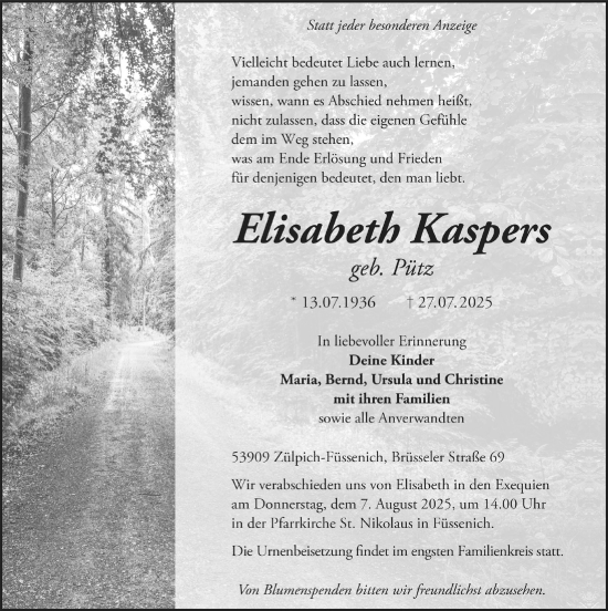 Anzeige von Elisabeth Kaspers von  Blickpunkt Euskirchen 
