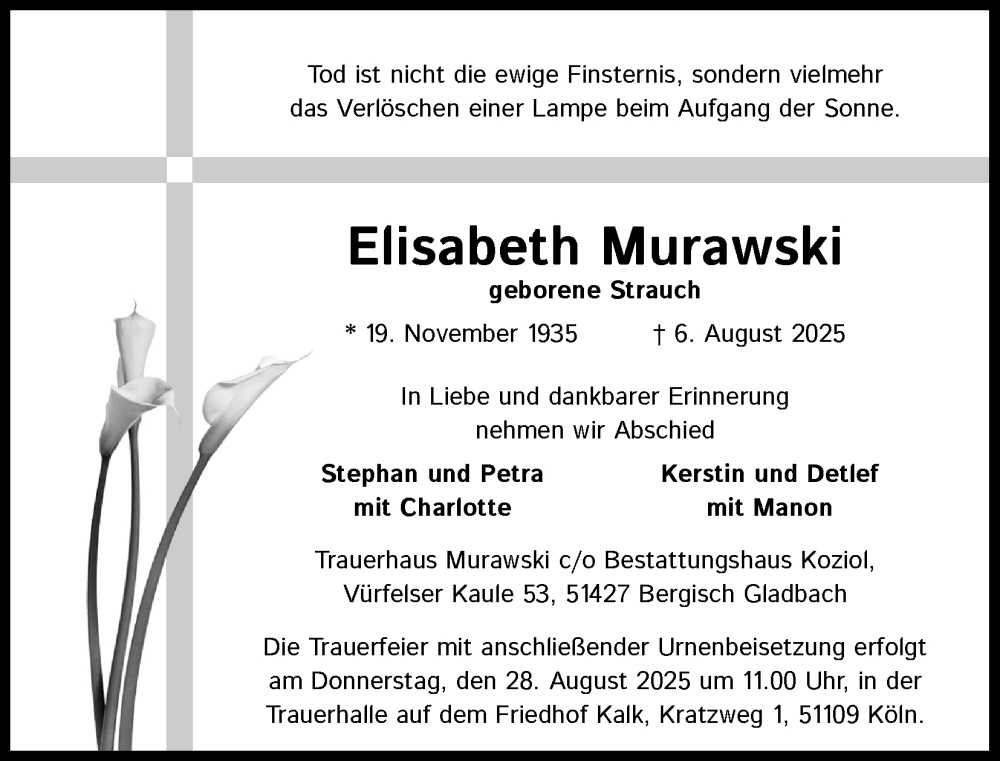  Traueranzeige für Elisabeth Murawski vom 16.08.2025 aus Kölner Stadt-Anzeiger / Kölnische Rundschau / Express