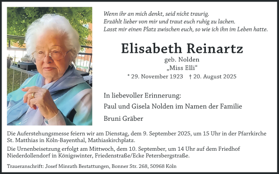 Anzeige von Elisabeth Reinartz von Kölner Stadt-Anzeiger / Kölnische Rundschau / Express