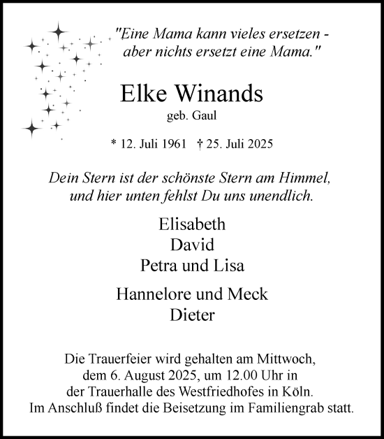 Anzeige von Elke Winands von Kölner Stadt-Anzeiger / Kölnische Rundschau / Express