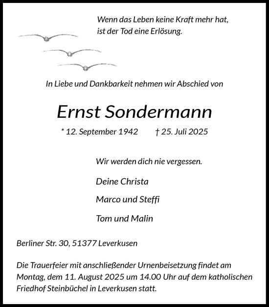 Anzeige von Ernst Sondermann von Kölner Stadt-Anzeiger / Kölnische Rundschau / Express