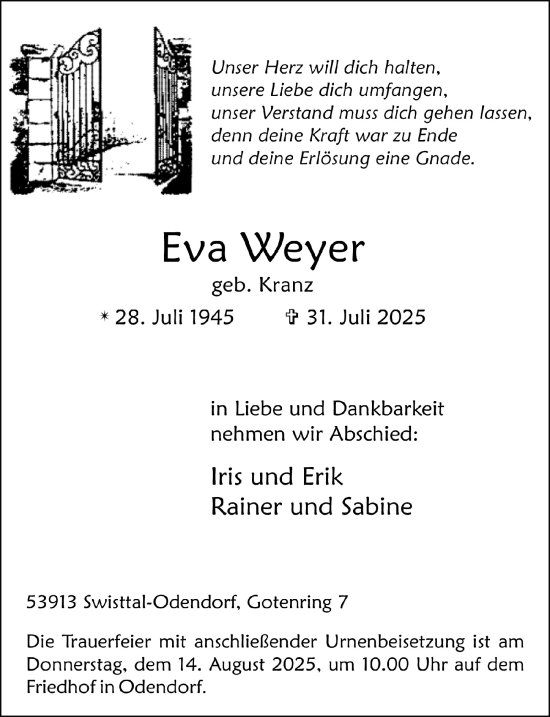 Anzeige von Eva Weyer von  Schaufenster/Blickpunkt 