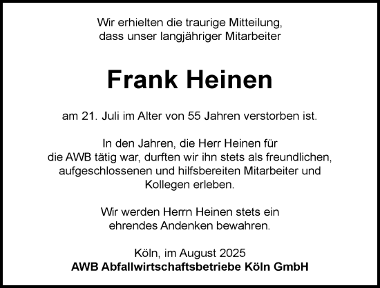 Anzeige von Frank Heinen von Kölner Stadt-Anzeiger / Kölnische Rundschau / Express