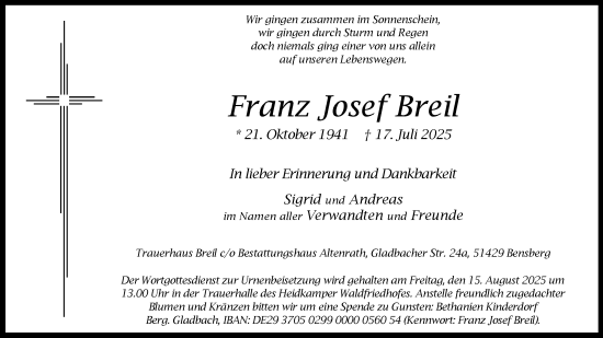 Anzeige von Franz Josef Breil von Kölner Stadt-Anzeiger / Kölnische Rundschau / Express