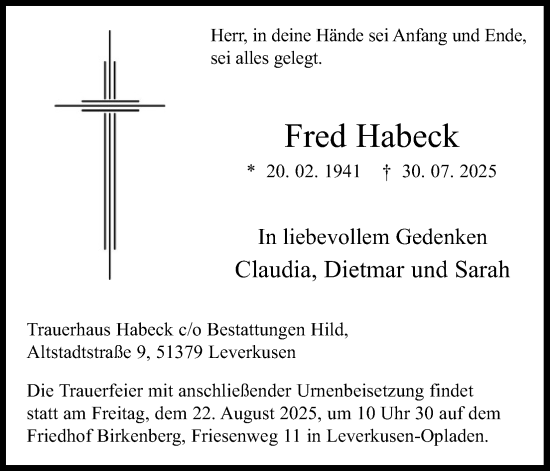Anzeige von Fred Habeck von Kölner Stadt-Anzeiger / Kölnische Rundschau / Express