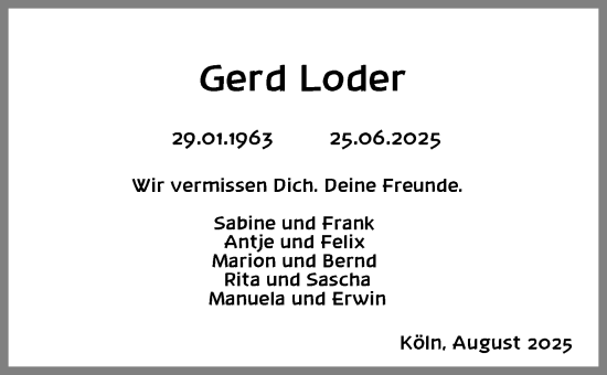 Anzeige von Gerd Loder von Kölner Stadt-Anzeiger / Kölnische Rundschau / Express