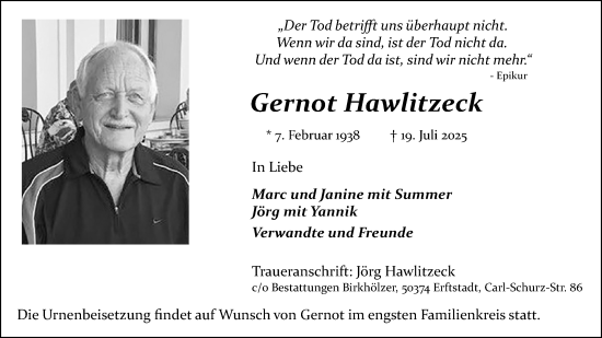 Anzeige von Gernot Hawlitzeck von Kölner Stadt-Anzeiger / Kölnische Rundschau / Express