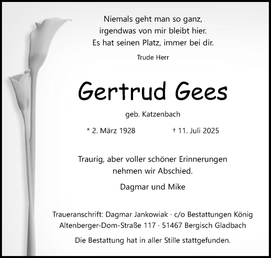 Anzeige von Gertrud Gees von Kölner Stadt-Anzeiger / Kölnische Rundschau / Express