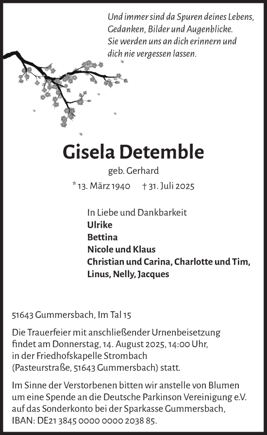 Anzeige von Gisela Detemble von  Anzeigen Echo 