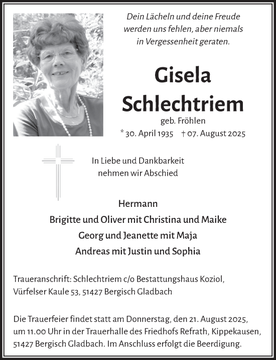 Anzeige von Gisela Schlechtriem von  Bergisches Handelsblatt 