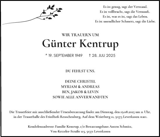 Anzeige von Günter Kentrup von Kölner Stadt-Anzeiger / Kölnische Rundschau / Express