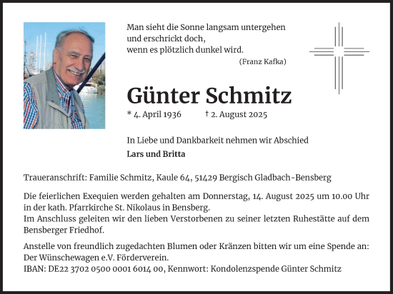 Anzeige von Günter Schmitz von Kölner Stadt-Anzeiger / Kölnische Rundschau / Express