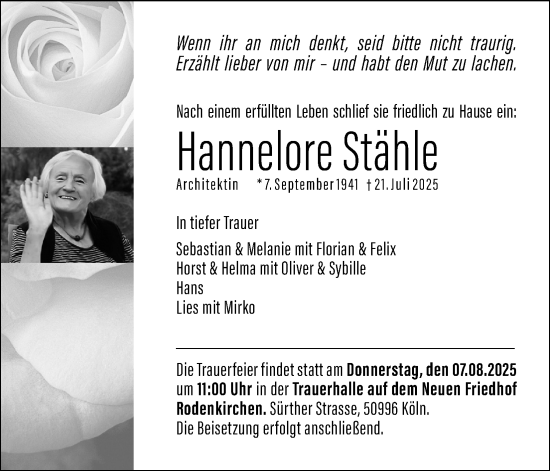 Anzeige von Hannelore Stähle von Kölner Stadt-Anzeiger / Kölnische Rundschau / Express