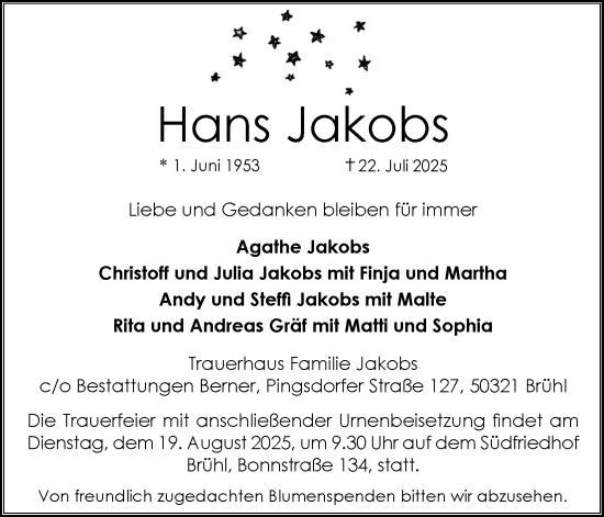 Anzeige von Hans Jakobs von Kölner Stadt-Anzeiger / Kölnische Rundschau / Express