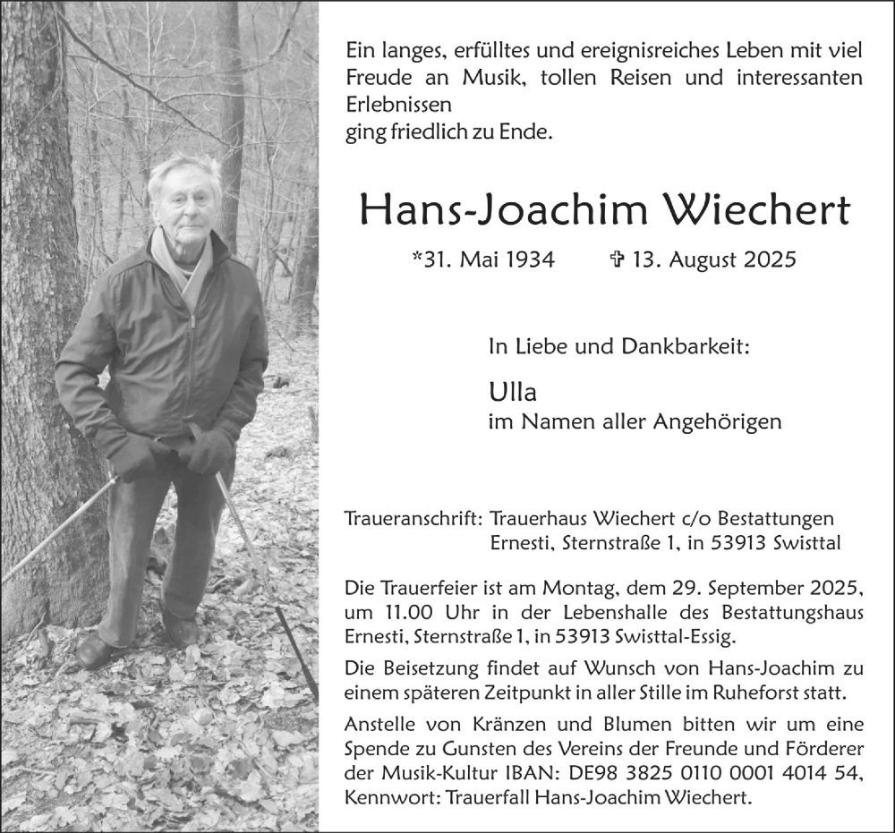  Traueranzeige für Hans-Joachim Wiechert vom 30.08.2025 aus  Blickpunkt Euskirchen 