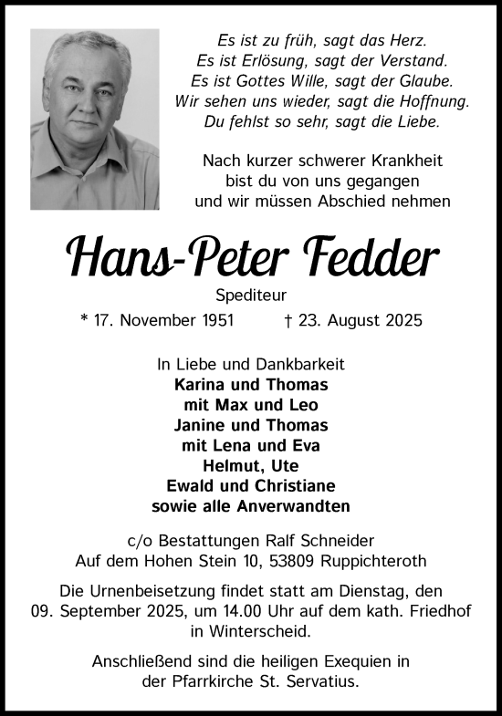 Anzeige von Hans-Peter Fedder von Kölner Stadt-Anzeiger / Kölnische Rundschau / Express