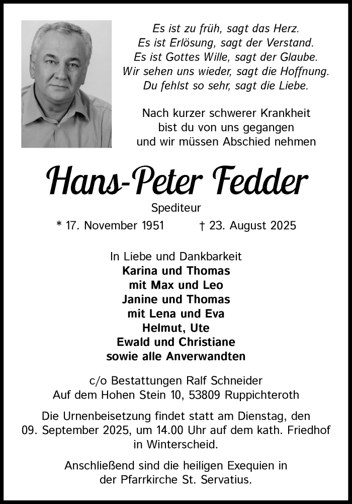  Traueranzeige für Hans-Peter Fedder vom 30.08.2025 aus Kölner Stadt-Anzeiger / Kölnische Rundschau / Express
