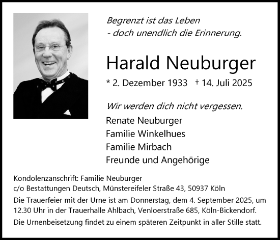 Anzeige von Harald Neuburger von Kölner Stadt-Anzeiger / Kölnische Rundschau / Express