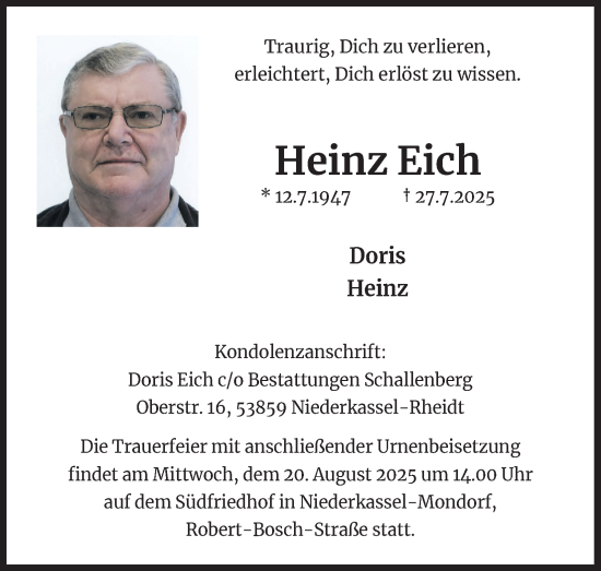 Anzeige von Heinz Eich von Kölner Stadt-Anzeiger / Kölnische Rundschau / Express