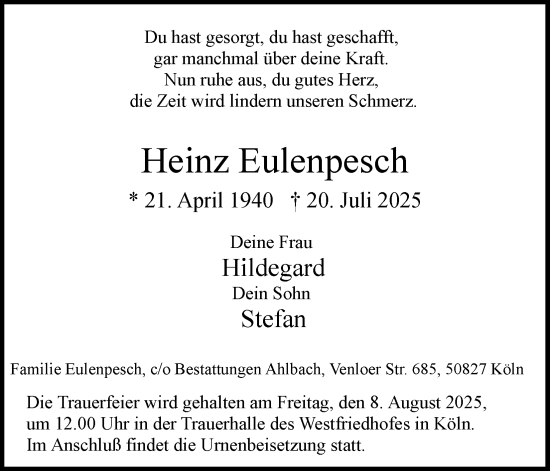 Anzeige von Heinz Eulenpesch von Kölner Stadt-Anzeiger / Kölnische Rundschau / Express