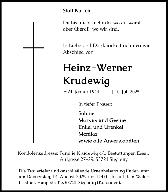 Anzeige von Heinz-Werner Krudewig von Kölner Stadt-Anzeiger / Kölnische Rundschau / Express