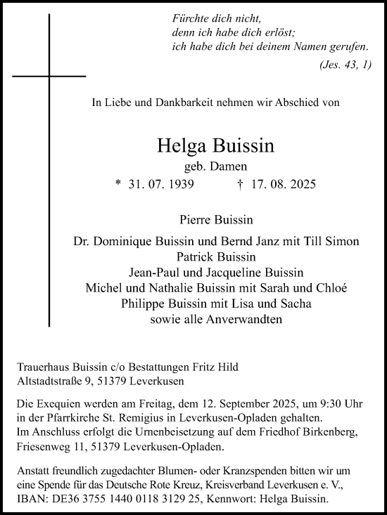 Anzeige von Helga Buissin von Kölner Stadt-Anzeiger / Kölnische Rundschau / Express