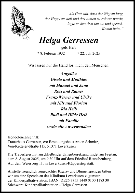Anzeige von Helga Gerressen von Kölner Stadt-Anzeiger / Kölnische Rundschau / Express