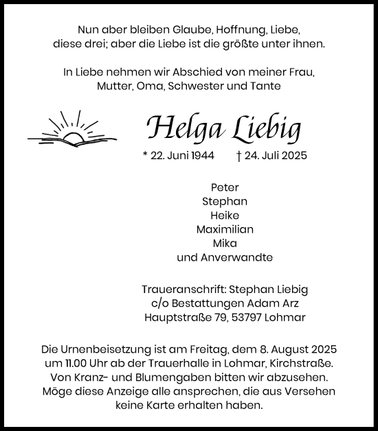 Anzeige von Helga Liebig von Kölner Stadt-Anzeiger / Kölnische Rundschau / Express