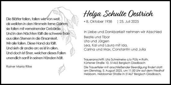 Anzeige von Helga Schulte Oestrich von Kölner Stadt-Anzeiger / Kölnische Rundschau / Express